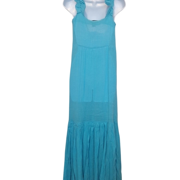 Newport News Turquoise Maxi Ruffle Sleeveless Dress. Side Zipper - Picture 3 of 5